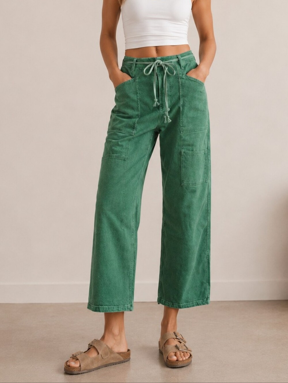 Flamingals Kelly Green Wide-Leg Drawstring Women’s Pants NWT Large